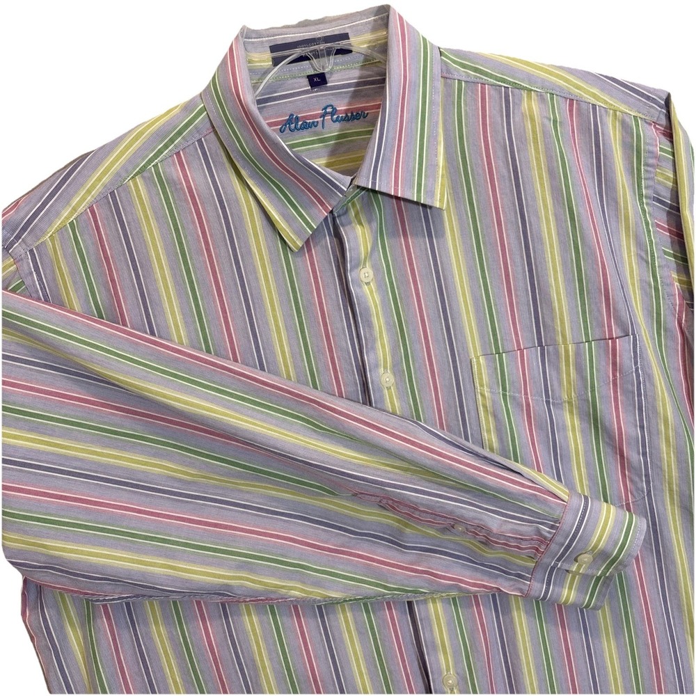 Alan Flusser Shirt Men XL Green Pink Purple White Stripe Long Sleeve Button Down